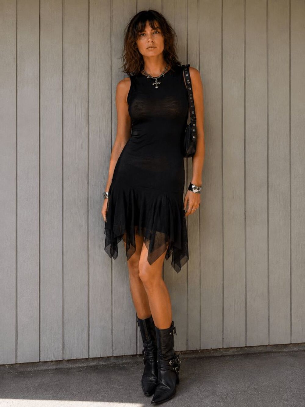 VTG Jean Paul Gaultier Soleil Mesh Handkerchief Hem Dress M Black Fuzzi Y2K